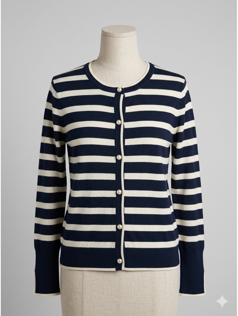 Zara Striped Knit Cardigan Sweater Size M Navy Cream Faux Pearl Button Coastal